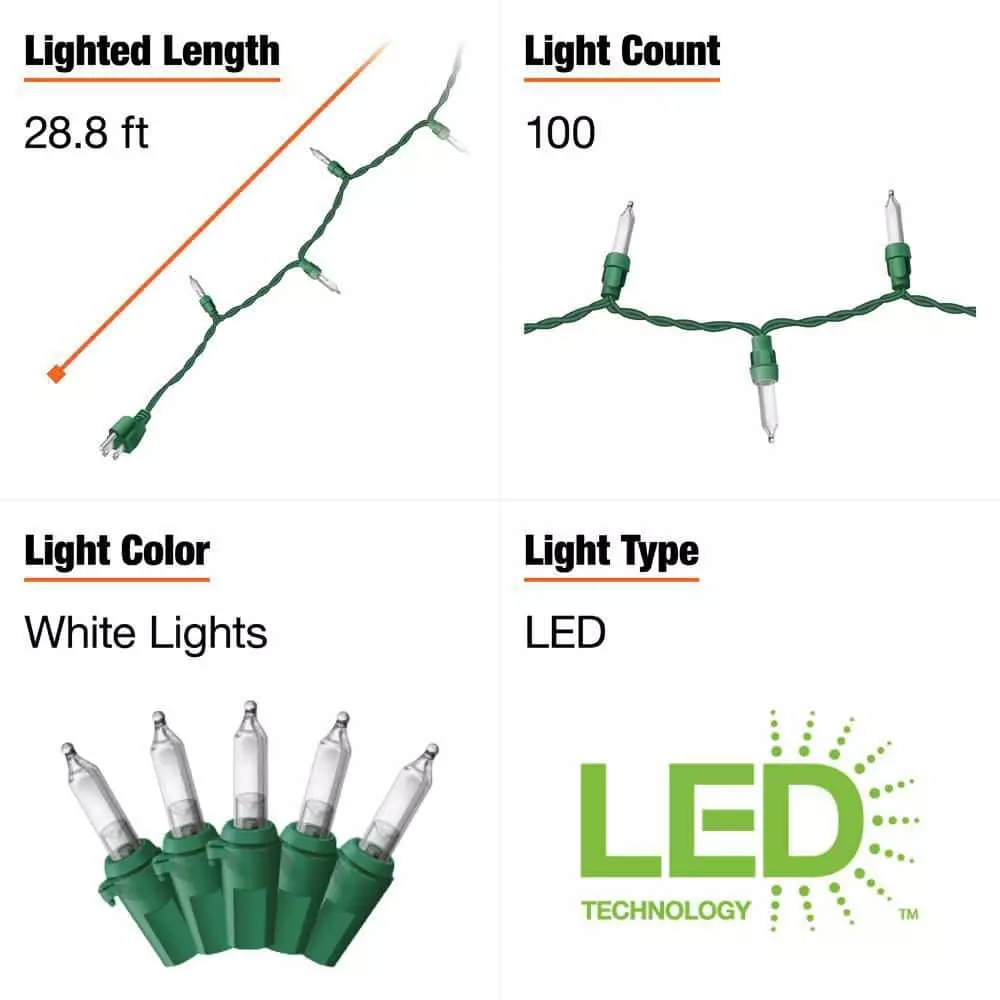 Home Accents Holiday 100L Warm White Mini LED Green Wire Lights 6 Home Accents Holiday 100L Warm White Mini LED Green Wire Lights - Image 4