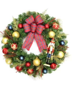 Home Accents Holiday 30 in. Festive Nutcracker Battery Operated Pine LED Pre-Lit Artificial Christmas Wreath with Timer