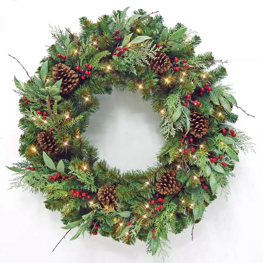 Home Accents Holiday 36 in. Woodmoore Battery Operated Mixed Pine LED Pre-Lit Artificial Christmas Wreath with Timer 3 Home Accents Holiday 36 in. Woodmoore Battery Operated Mixed Pine LED Pre-Lit Artificial Christmas Wreath with Timer