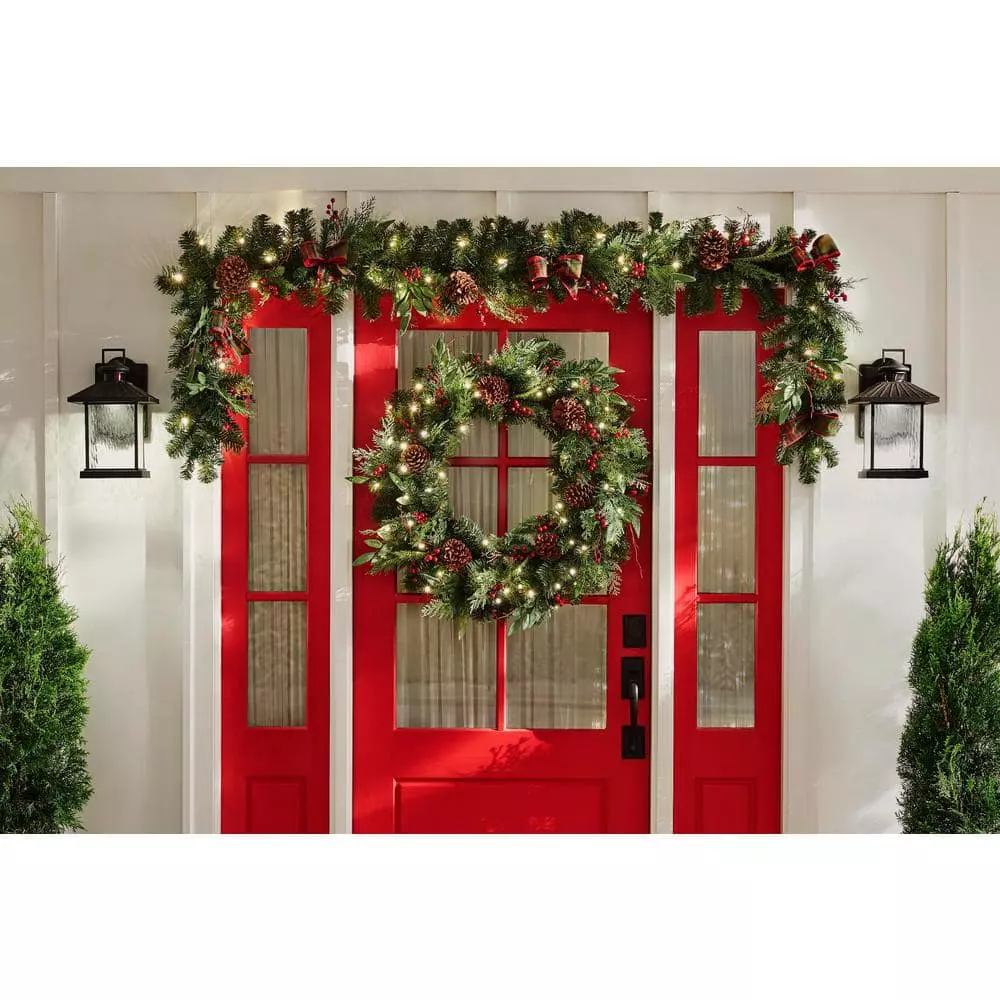 Home Accents Holiday 36 in. Woodmoore Battery Operated Mixed Pine LED Pre-Lit Artificial Christmas Wreath with Timer 4 Home Accents Holiday 36 in. Woodmoore Battery Operated Mixed Pine LED Pre-Lit Artificial Christmas Wreath with Timer - Image 2