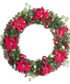 Home Accents Holiday 36 in. Berry Bliss Battery Operated Mixed Pine LED Pre-Lit Artificial Christmas Wreath with Timer