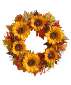 Home Accents Holiday 22 in Unlit Artificial Sunflower and Pinecone Harvest Fall Wreath